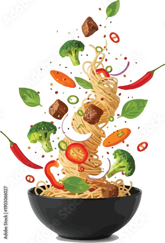 Delicious noodle dish with vegetables and meatballs tossed in a black bowl