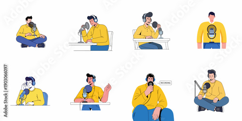 Man Podcaster Recording Audio Broadcast Set. Collection of Illustrations for Vlogging, Radio Hosting, Streaming, and Online Content Creation.