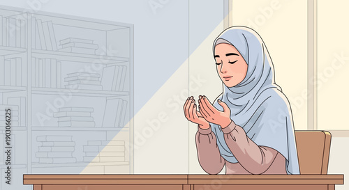 Young Muslim Woman Praying in Hijab, Peaceful Devotion