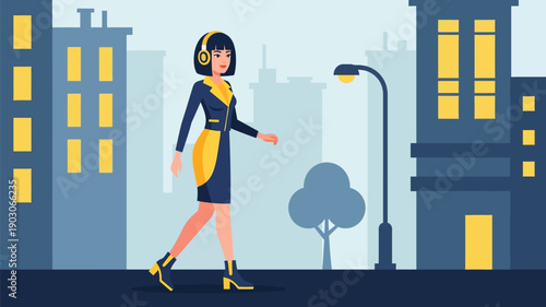 Professional woman walking confidently through a modern city street, enjoying her urban commute with headphones, symbolizing a calm and focused urban lifestyle during a busy day