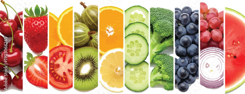 Assortment of fresh fruits and vegetables including cherries, strawberries, oranges, and watermelon