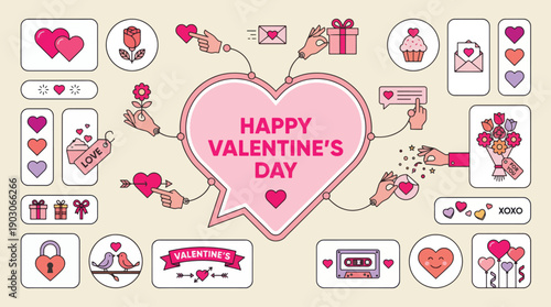 Valentine's day heart greeting card with romantic icons set Vector