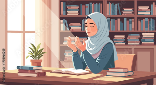 Young Muslim Woman Praying in Library, Peaceful Study and Spirituality