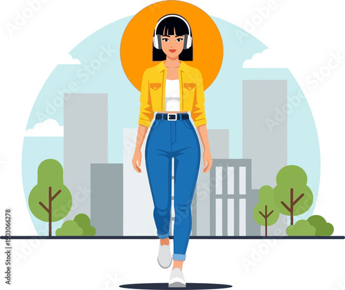 Energetic young woman with wireless headphones enjoying a vibrant city walk, confidently strolling through an urban landscape with modern buildings under a bright sun