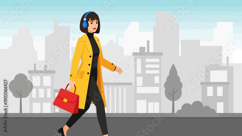 Woman in yellow coat and headphones walks with a red handbag on a city street, listening to music and enjoying her day