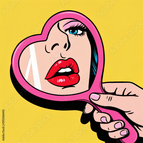 A vibrant pop art model face in pink heart shaped mirror with bold lips blue eyes held by hand on yellow background, retro beauty portrait.