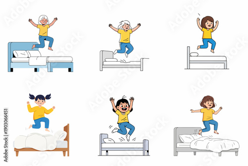 Six joyful illustrations of excited kids bouncing and jumping happily on different beds, showcasing energy and childhood fun.