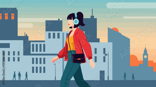 Vibrant illustration of a young woman enjoying a city walk, engrossed in music with headphones, portraying urban serenity and personal escape