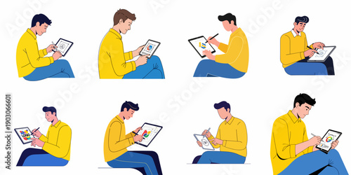 Set of vector illustrations depicting young men using digital tablets and stylus pens for creative work, logo design, graphic development, and digital drawing tasks.