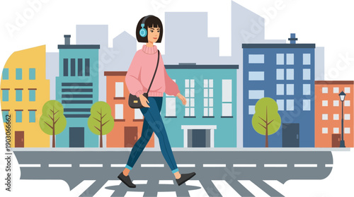 Young woman enjoying a city stroll with music, embodying urban living and the rhythm of daily life with headphones on