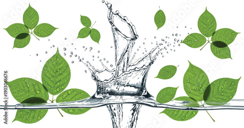 Fresh green leaves surround a dynamic splash of clear water on a white background