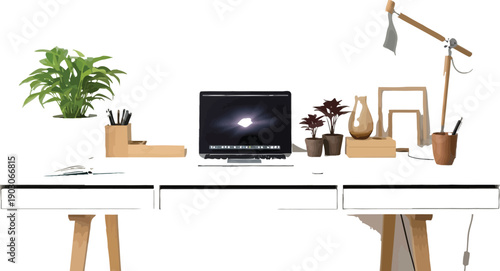 Modern white office desk with laptop, plants, and decorative items in a minimalist setting