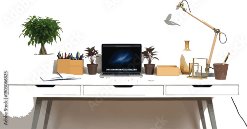 Modern white office desk with laptop, plants, and organized office supplies displayed neatly