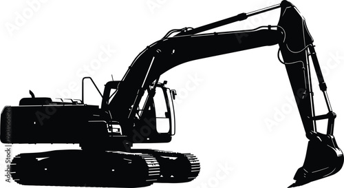 Detailed black silhouette vector illustration of a heavy construction excavator machine isolated on white background for industrial building and civil engineering design concepts.