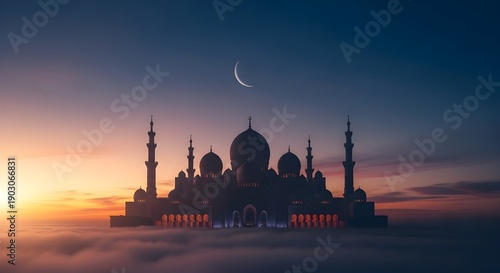 Grand mosque emerges from heavy clouds at sunrise above desert.