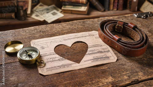 Vintage compass and leather belt with heart-shaped card on wooden background for romantic concept