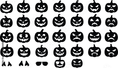Set of scary Halloween pumpkin face silhouettes showing different emotions, carved jack o lantern expressions, spooky holiday icons collection, and 