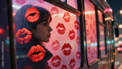 Young woman with stylish makeup looking through bus window adorned with red kiss marks at night
