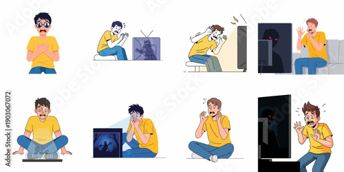 Young men terrified by horror content on screen: a vector illustration set depicting various shocked reactions, anxiety, and fear while watching scary movies.