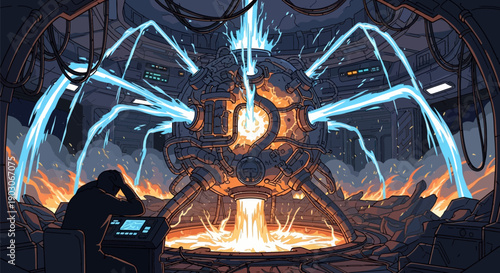 Futuristic industrial control room with a lone figure observing a massive glowing energy reactor emitting powerful blue