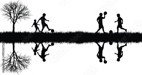 Silhouette of children playing football in nature with tree and grass reflection, outdoor kids sports activity scene, black vector illustration on white background