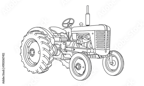 Vintage farm tractor line art illustration isolated on white.Retro antique agricultural tractor outline vector for farming design.