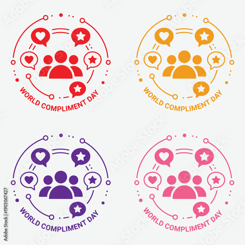 World Compliment Day Badge Vector with People, Hearts and Chat Bubbles – Appreciation Concept