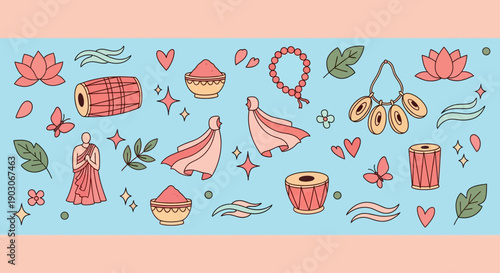 A vibrant collection of Indian cultural elements, including musical instruments, religious symbols, and decorative motifs, set against a pastel blue background.