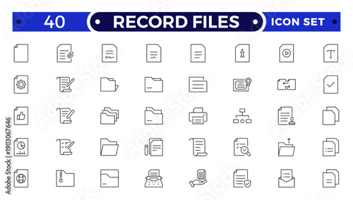 Record Files Outline icon set. Icon pack contains summary, file, paper, report, form, record, sheet, text, note, page, letter, memo, contract, template, archive.