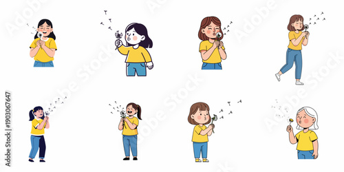 Happy young girls and women blowing dandelions, with seeds flying, in a collection of cartoon vector illustrations symbolizing wishes, joy, and freedom.
