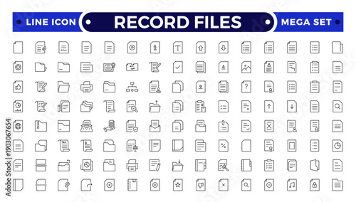 Record Files Outline icon set. Icon pack contains summary, file, paper, report, form, record, sheet, text, note, page, letter, memo, contract, template, archive.