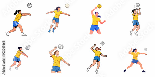 Dynamic Vector Set of Female Volleyball Players in Action, Performing Diverse Techniques like Spiking, Serving, Setting, and Digging.