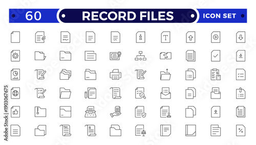 Record Files Outline icon set. Icon pack contains summary, file, paper, report, form, record, sheet, text, note, page, letter, memo, contract, template, archive.