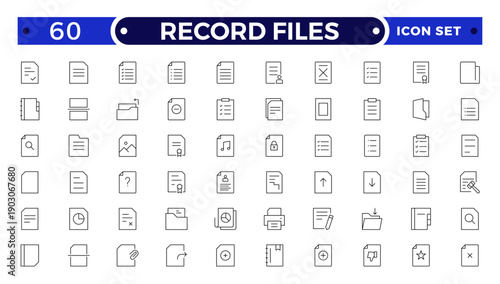 Record Files Outline icon set. Icon pack contains summary, file, paper, report, form, record, sheet, text, note, page, letter, memo, contract, template, archive.