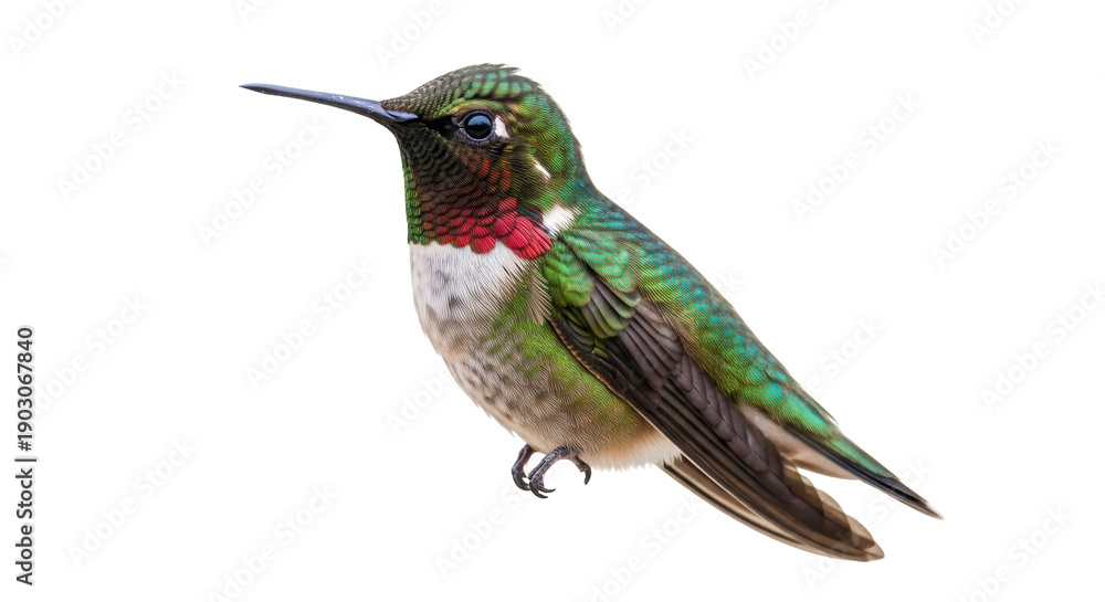 Fototapeta premium Vibrant rufous hummingbird PNG isolated on transparent background, colorful bird with iridescent green feathers and red gorget, wildlife