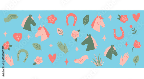 A whimsical and charming collection of horse-themed illustrations and symbols on a vibrant blue background, featuring horses, hands, hearts, roses, and horseshoes.