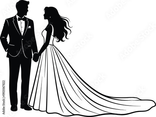 Elegant black and white vector silhouette illustration of a romantic wedding couple, groom in tuxedo and bride in flowing gown holding hands together lovingly.