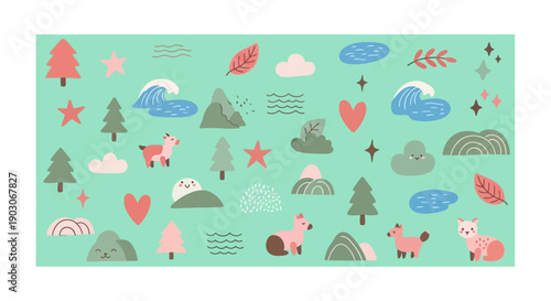 A whimsical collection of cute, hand-drawn nature elements and animals on a mint green background.