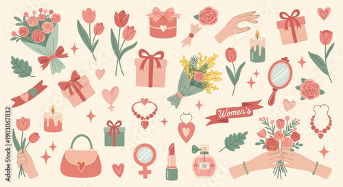 A charming collection of feminine icons and illustrations, perfect for International Women's Day celebrations, featuring gifts, flowers, jewelry, and beauty items.