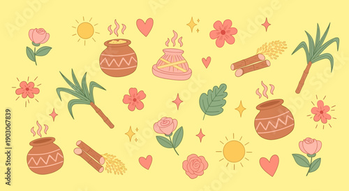 A vibrant and cheerful illustration featuring traditional elements of Pongal festival, including sugarcane, pots, and flowers, set against a bright yellow background.