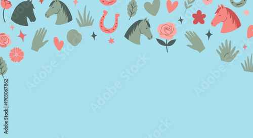 A charming illustration featuring a repeating pattern of horses, roses, and hearts on a light blue background, evoking a sense of equestrian joy and floral beauty.