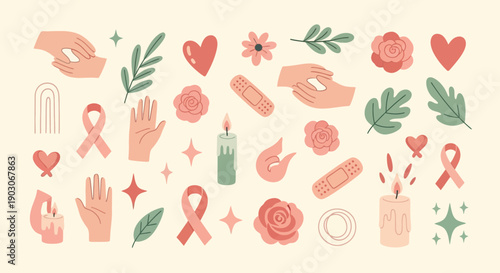 A collection of comforting and supportive symbols including hands, hearts, ribbons, flowers, leaves, candles, and stars on a light background.