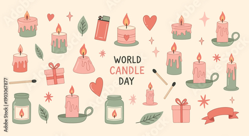 A charming collection of hand-drawn illustrations celebrating World Candle Day, featuring various candles, gifts, hearts, and decorative elements.