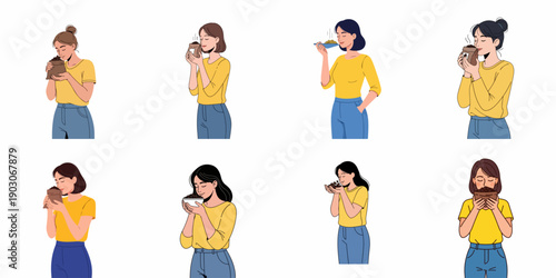 Happy women smelling coffee beans, illustrating the pleasure and quality check of fresh roasted aroma in diverse styles.