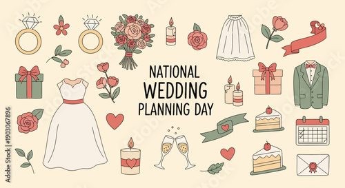A charming illustration celebrating National Wedding Planning Day with various wedding-related elements like dresses, rings, flowers, and cakes.