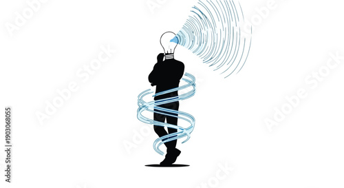 Silhouette of a person with a lightbulb head radiating ideas and innovation