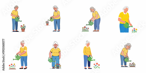 Set of illustrations showing a happy senior woman gardening and watering colorful flowers using a green watering can.