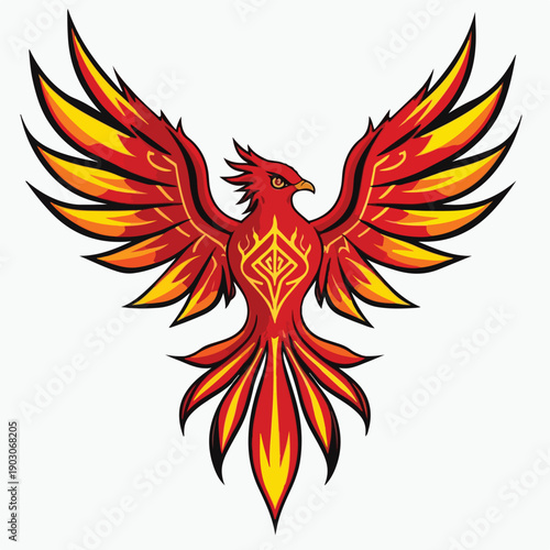 Majestic mythical phoenix bird design featuring vibrant red and yellow flames spreading its powerful wings in a symmetrical triumphant display of rebirth and immortality