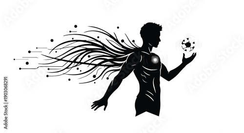 Silhouette of a man with abstract energy trails and a glowing sphere, symbolizing technology and power.