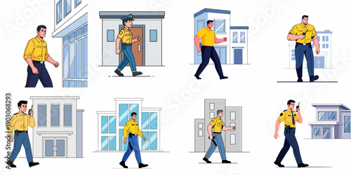 Vector illustration set of security guards and police officers walking and patrolling outside modern residential and commercial buildings for protection.